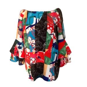 Ali Miles Large Colorful Graphic Off the Shoulder Ruffle Sleeve Art to Wear Top
